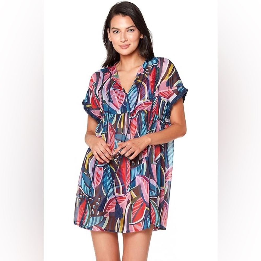 CHIFFON TUNIC SWIM COVER UP IN BLUE FLORAL SIZE SMALL